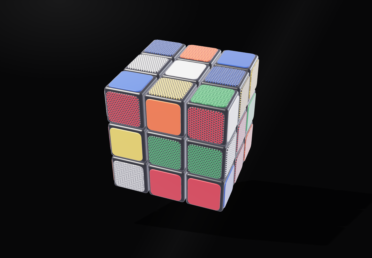 A glossy multicolored cube on a dark studio background
